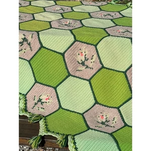 Vintage Hexagon Floral Roses Afghan Throw Blanket Flower Handmade Grandma 70s  - Picture 1 of 10