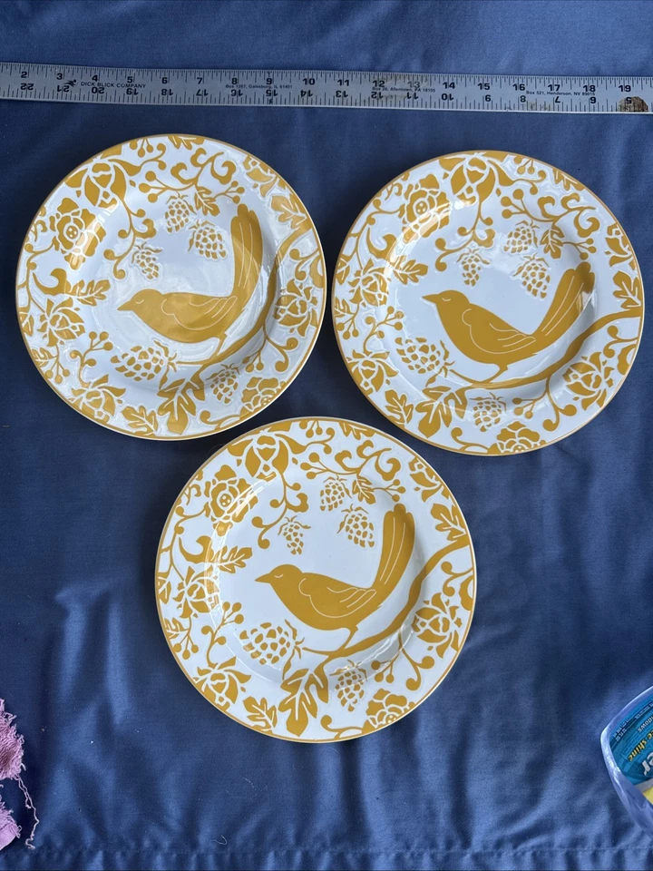 Pier 1 Salad or Desert with a Bird & Flowers Motif Yellow & White set 3 - Image 1 of 3