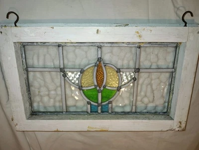 ABSTRACT OLD ENGLISH LEADED STAINED GLASS TRANSOM WINDOW 19" X 11 3/8" - Image 1 of 4