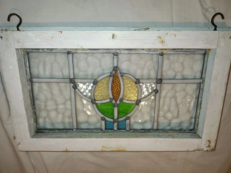 ABSTRACT OLD ENGLISH LEADED STAINED GLASS TRANSOM WINDOW 19" X 11 3/8" - Image 1 of 4