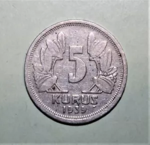 S1 - Turkey 5 Kurus 1939 Fine / Very Fine Coin - Star Within Crescent - Picture 1 of 2