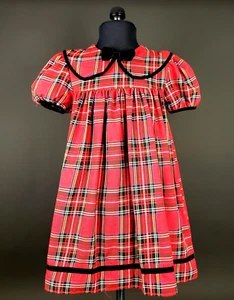 Little Girls RED Plaid DRESS w Black Velvet Bow-tie & Trim SIZE 6x by JoLene USA - Picture 1 of 5