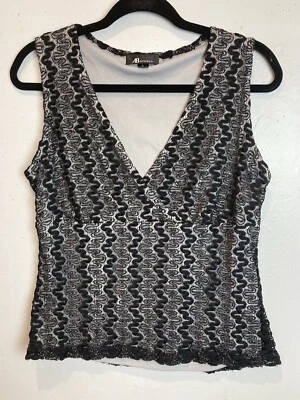 Camiseta sin mangas Y2K Vintage AB Studio negra plateada metálica de encaje Babydoll Fairy talla L Foto 1 de 4