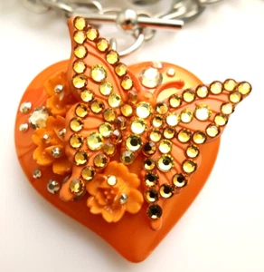 Tarina Tarantino necklace orange heart butterfly w/ Swarovski silvertone toggle - Picture 1 of 7