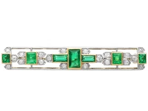 Antique 2.05Ct Emerald and 0.40Ct Diamond, 9k Yellow Gold Bar Brooch Circa 1910 - Picture 1 of 9