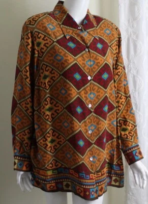 Linea Louis Dell O'lio Talla 1X Hermosa Blusa de Seda del Suroeste Occidental Art-to-Wear Foto 1 de 4