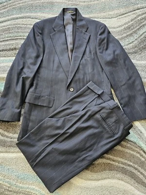 Vintage Pinstripe Wool Suit Mens 40r Pants 33 X 29 Pleated High Waisted Navy - Image 1 of 4