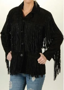 Damen Schwarz Wildleder Mantel Alt Amerikanisch Fransen West Tragen XS-4XL - Bild 1 von 3
