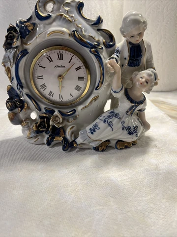 Vintage Linden Genuine Porcelain Alarm Clock Blue and White Statuette C3 Cover