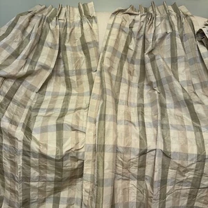 Custom Pair Silk Pleated Madras Green Beige Drapes Curtains Lined 21 X 102 - Picture 1 of 9