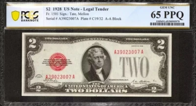 1928 $2 LEGAL TENDER US NOTE FR.1501 AA BLOCK TATE MELLON PCGS UNC 65 PPQ 007 - Image 1 of 2