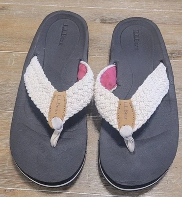 LL Bean Sandals Flip Flops Natural Colored Braided Straps Pink Canvas Women's 11 - Image 1 of 4