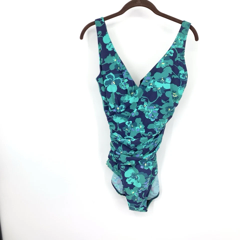 LL Bean Women Size 8 LONG Bathing Suit One Piece Shaping Swimwear Blue Floral - Image 1 of 4