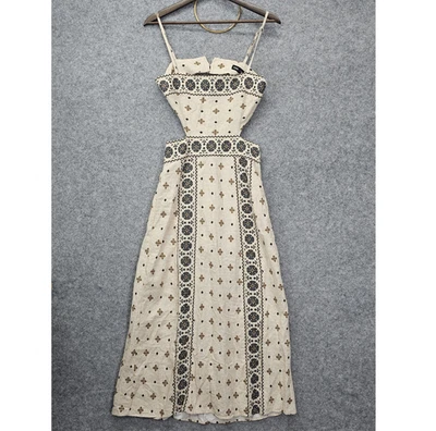 Zara Linen Dress Womens XS Cream Black Floral Cut Out Maxi Resort Boho Summer - Image 1 of 4