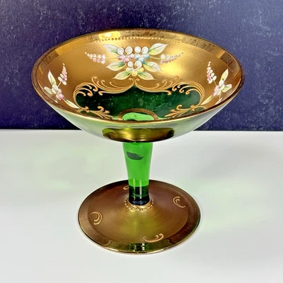 Green Italian Bohemian Glass Footed Candy Dish Bowl Tazza Gold Enamel Flowers - Image 1 of 4