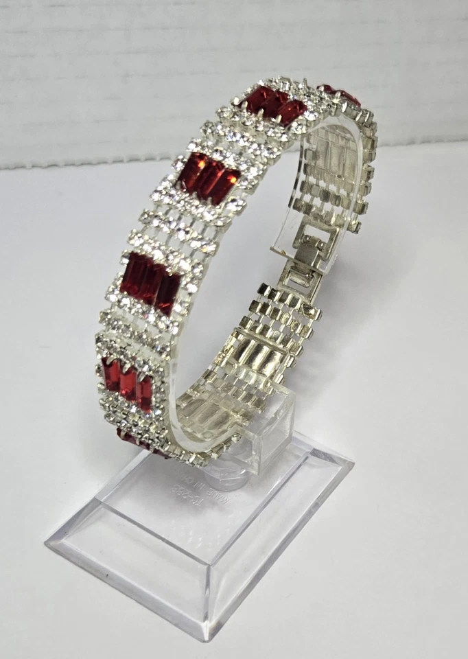 Women's Classic Baguette-Cut Red & Clear Rhinestones Mesh Fashion  Bracelet  - Image 1 of 4