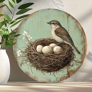 1pc Vintage Bird and Egg in Nest Round Aluminum Sign, 8x8 Inch Farmhouse Wall... - Picture 1 of 5