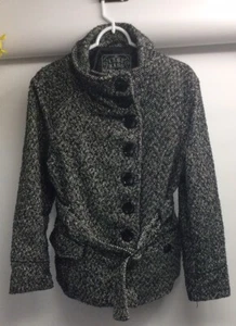 Last Kiss Herringbone Gray Tweed Polyester Blend Belted Jacket Coat Sz XL EUC - Picture 1 of 3