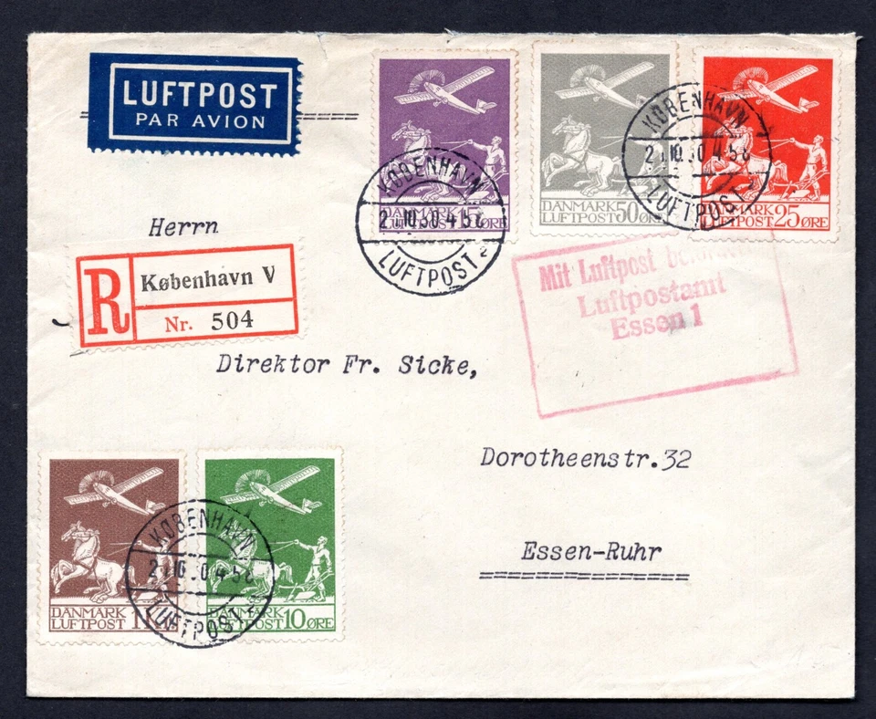 DINAMARCA 1930 PRIMER CONJUNTO DE CORREO AÉREO SCOTT #C1-C5 EN PORTADA REGISTRADA COPENHAGUE Foto 1 de 2