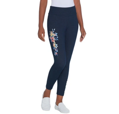 Denim & Co. Active Placed Floral Crop Knit Leggings-Dark Indigo-XS A308930 NEW - Image 1 of 2