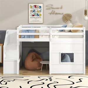 Wood Twin Size Loft Low Bung Bed with Stairs Steps and Window for Children-White - Picture 1 of 15