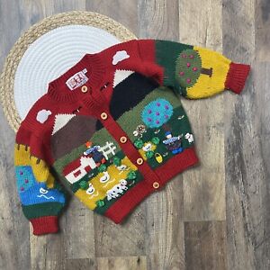 Sonnkind Vintage Farm Scene Wool Cardigan Sweater Toddler Size 4T