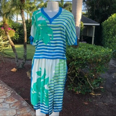 Women Anne Crimmins Umi Collection Blue Green Striped Skirt Set 3 Pieces Size 2 - Image 1 of 4