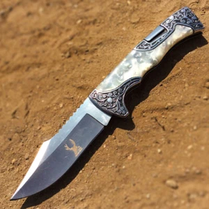 TheBoneEdge 9" Classic Western Folding Knife Stainless Steel White Pearl Handle - Picture 1 of 3
