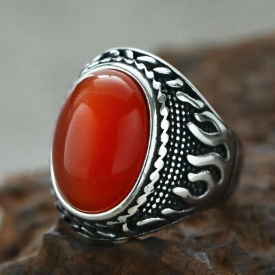 复古男式红色蛋白石结婚戒指不锈钢骑手戒指 尺寸 7-13 — 第 1/2 张图片