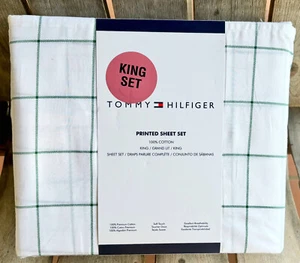 TOMMY HILFIGER King Size 100% Cotton WINDOWPANE PLAID Sheet Set - ALL COTTON - Picture 1 of 3
