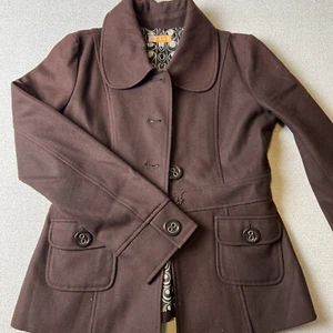 Tulle Jacket Women L Brown Wool Blend Lined Chic Babydoll Collar Retro - Picture 1 of 16