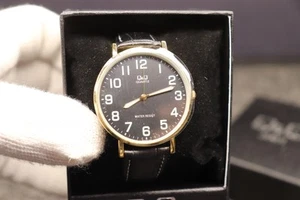 Q&Q Japan Mens Watch Gold Bezel Round Black Dial Black Leather New - Bild 1 von 5