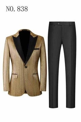 Hombres Traje Dorado Negro Pico Solapa Chaqueta Un Pecho Rayas Fiesta Formal Foto 1 de 3