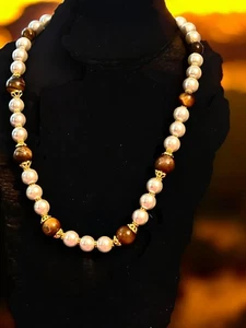 Faux Pearl And Brown Tiger Eye 18-in Collar Necklace - Picture 1 of 4
