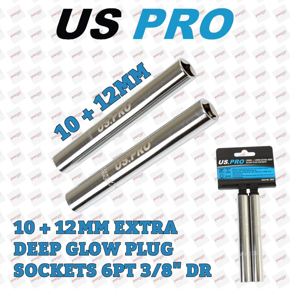 US Pro Tools 10mm & 12mm Extra Deep Glow Plug Sockets 6pt 3/8" Dr 3647