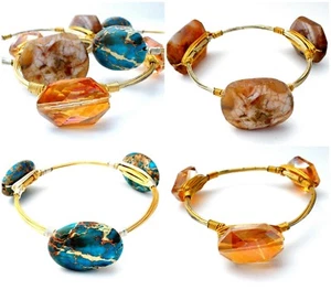 Lot 3 Gemstone Bangle Bracelets Citrine Quartz Jasper Turquoise Wire Work - Picture 1 of 12
