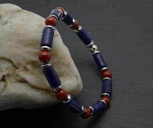 Lapis Lazuli Bracelet Red Jasper Hematite Bead Mens Ladies Silver Handmade Gift - Picture 1 of 16