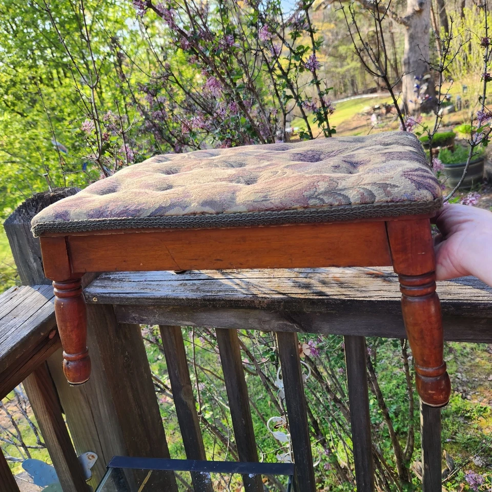 Vintage Wooden Footstool Ottoman With Floral Tapestry Cushion French country Cot - Image 1 of 4