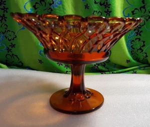 Vintage Amber Glass Pedestal Bowl - Basket Weave Lattice - Picture 1 of 6