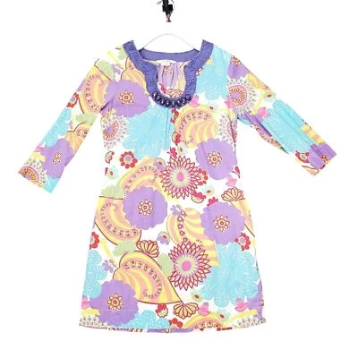 BODEN Womens Swim Cover Size 4 Jeweled Tunic Floral Retro Sleeves Purple Blue - Image 1 of 4