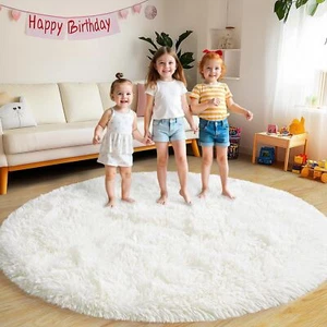 Fluffy Round Rug 6Ft, Cream White Rugs for Bedroom, Shag Fuzzy Round Area Rug... - Picture 1 of 9