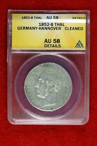 1852 B ANACS AU58 Details German States Hannover 1 Thaler Silver Coin #B49547 - Picture 1 of 1