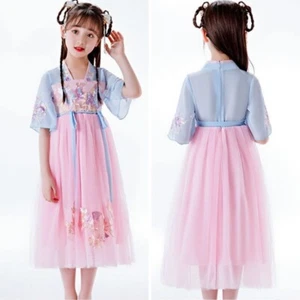 Girl Floral Dress Embroidered Mesh Fairy Wear Ancient Costume Chinese Hanfu - Picture 1 of 16
