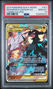 Pokemon Reshiram y Zekrom GX 157/236 Eclipse Cósmico 157 Etiqueta Equipo GEMA COMO NUEVA PSA 10 - Imagen 1 de 2