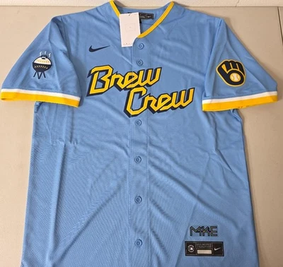 Camiseta deportiva de béisbol 50908 MILWAUKEE BREWERS "Brew Crew" City Connect cosida nueva con etiquetas $140 Foto 1 de 2