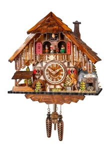 Quartz Cuckoo Clock Black Forest house with moving wood chopp.. EN 48721 QMT NEW - Picture 1 of 1