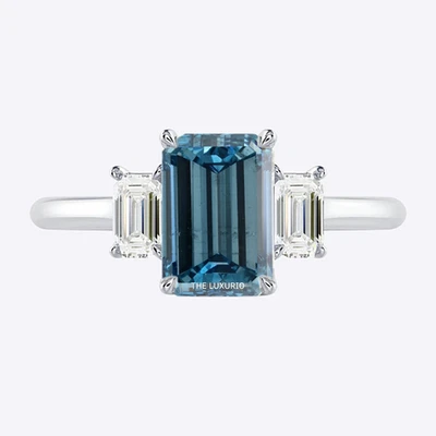 950 Platinum Emerald Diamond Ring IGI Fancy Intense Blue 2.30 Carat Lab Grown - Image 1 of 4