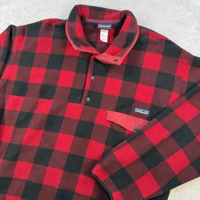 Patagonia Synchilla Pullover Mens XL Red Black Snap-T Fleece Buffalo Plaid - Image 1 of 4