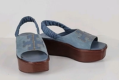 Sandalias Tory Burch Gamuza Azul Dorado Logo Slingback Plataforma Talla 8.5 Usadas Foto 1 de 4