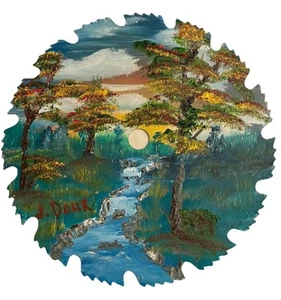 Hand painted (oil) 9-1/2” saw blade-Fall Scene With Running Stream W/Free Stand - Picture 1 of 4